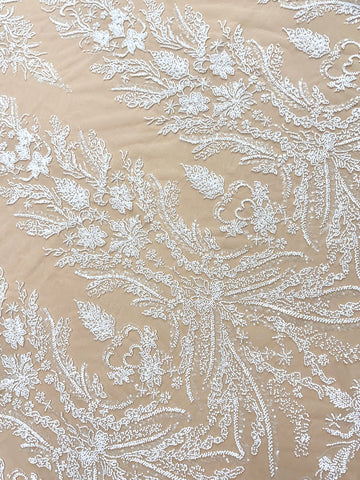 Dantela Couture Ivory pe Tulle Nude cu Model Floral, cu Margele si Paiete