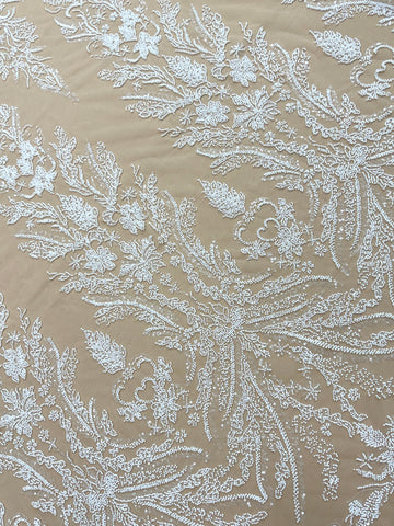 Dantela Couture Ivory pe Tulle Nude cu Model Floral, cu Margele si Paiete