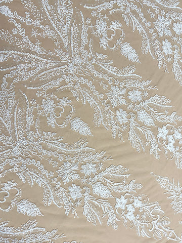 Dantela Couture Ivory pe Tulle Nude cu Model Floral, cu Margele si Paiete