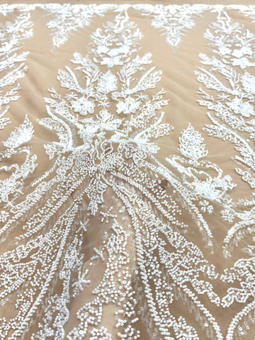 Dantela Couture Ivory pe Tulle Nude cu Model Floral, cu Margele si Paiete