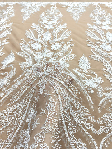 Dantela Couture Ivory pe Tulle Nude cu Model Floral, cu Margele si Paiete