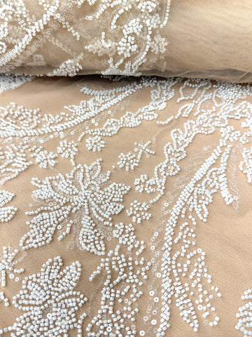 Dantela Couture Ivory pe Tulle Nude cu Model Floral, cu Margele si Paiete