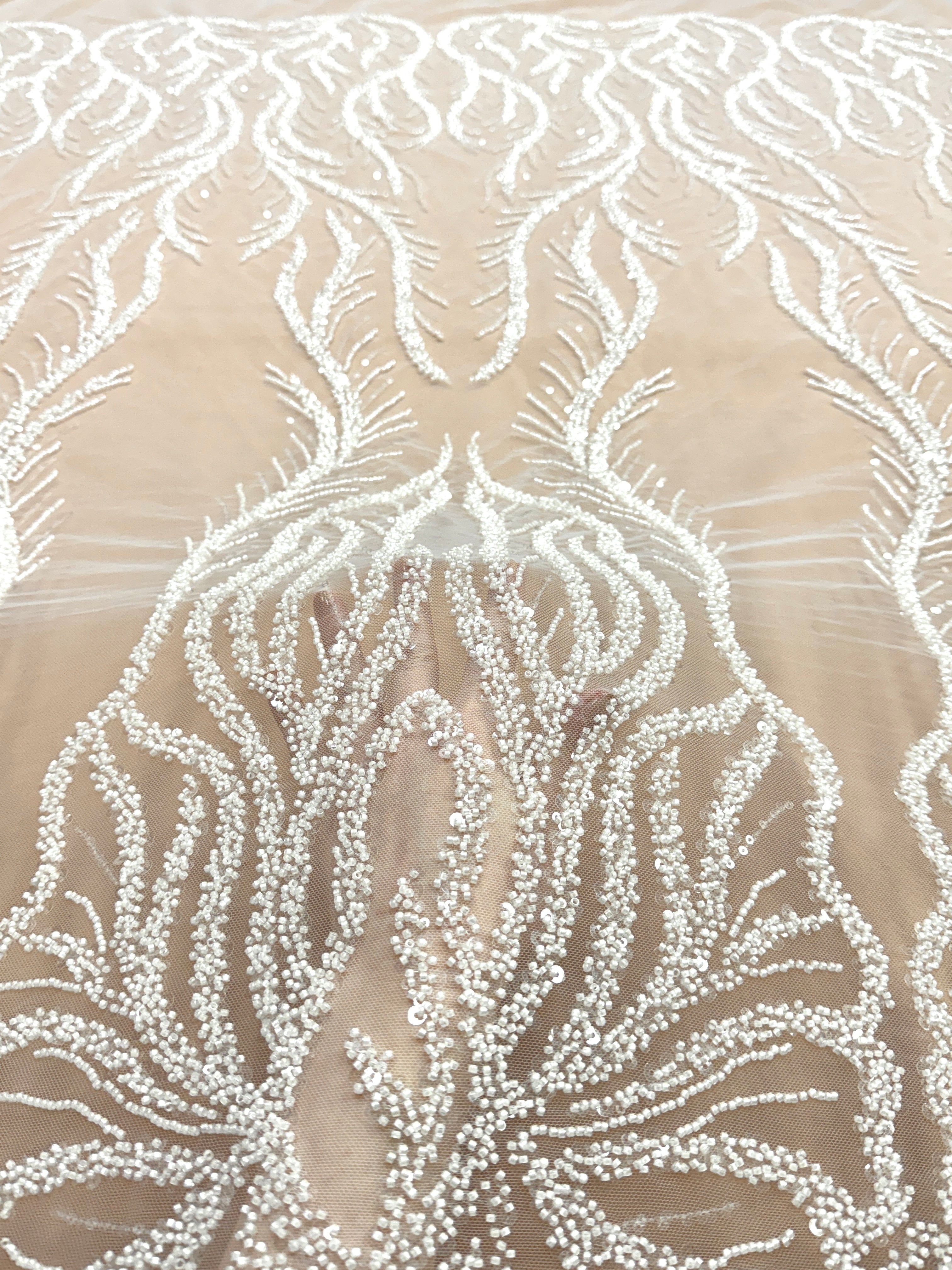 Dantela Couture Ivory cu Panou, cu Margele si Paiete