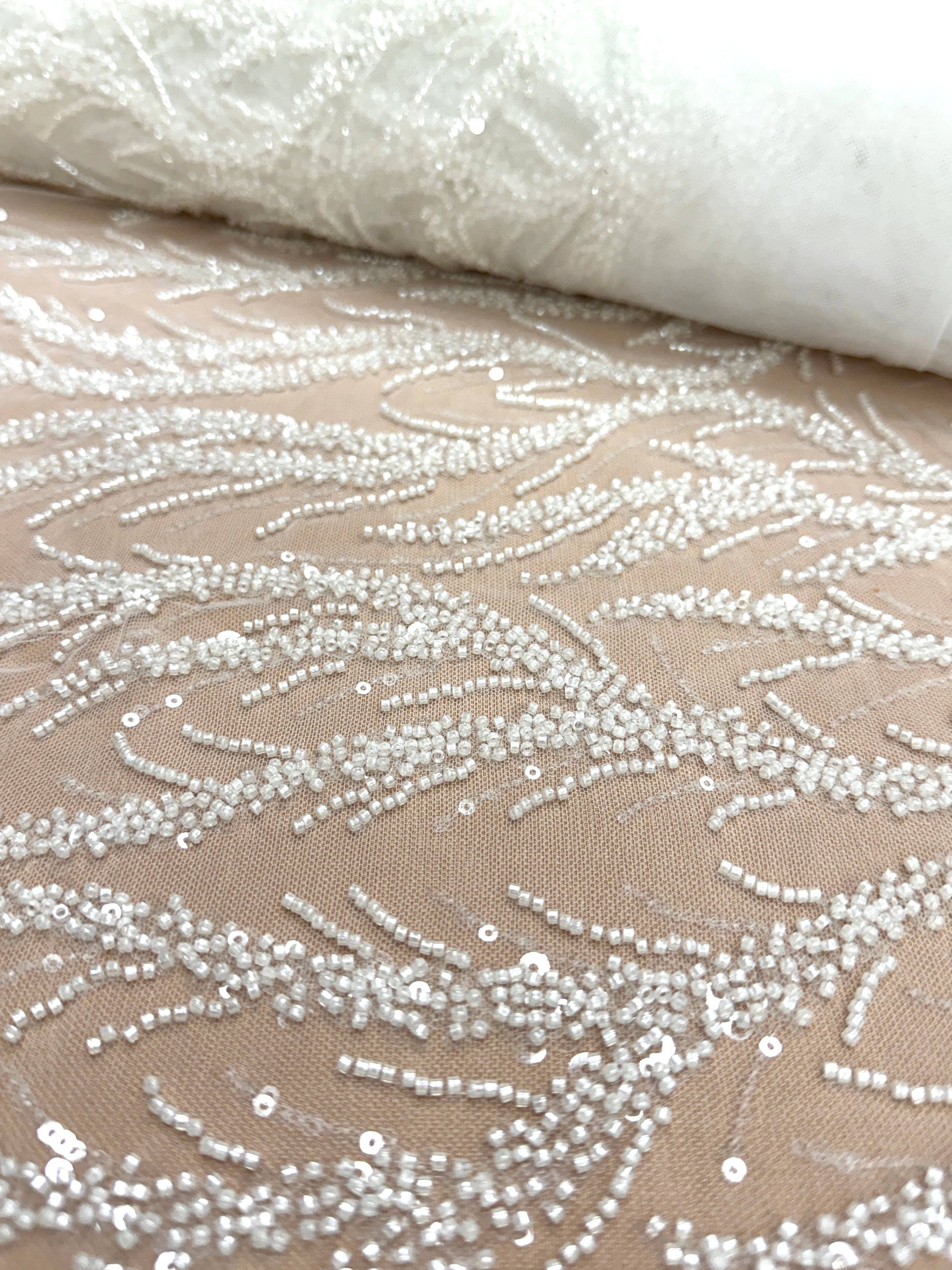 Dantela Couture Ivory cu Panou, cu Margele si Paiete