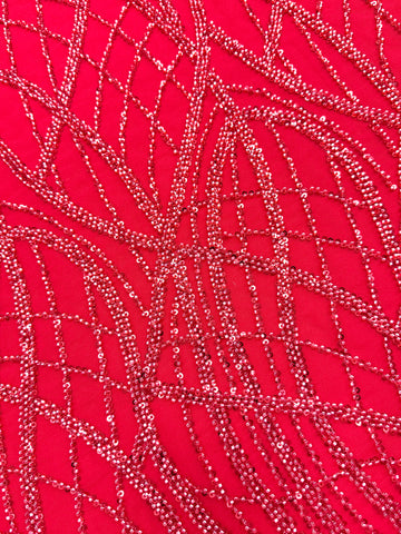 Dantela Couture Rosie cu Model Liniar, cu Margele si Paiete