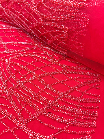 Dantela Couture Rosie cu Model Liniar, cu Margele si Paiete