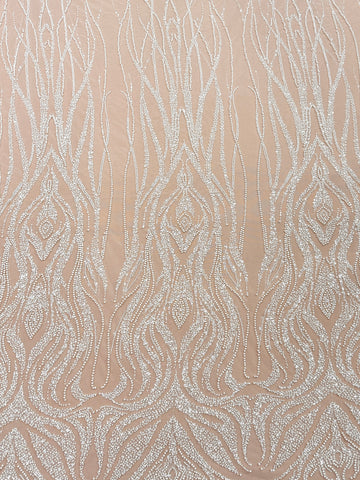 Dantela Ivory cu Model Geometric, cu Perle, Margele si Paiete