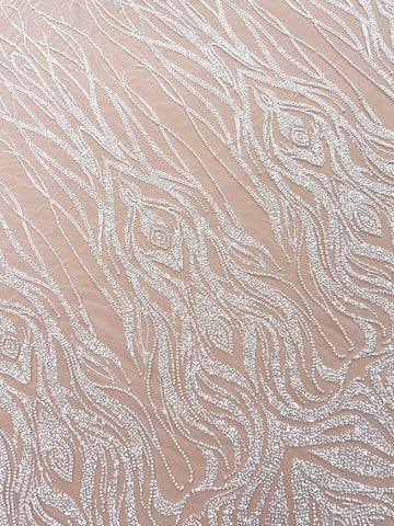 Dantela Ivory cu Model Geometric, cu Perle, Margele si Paiete