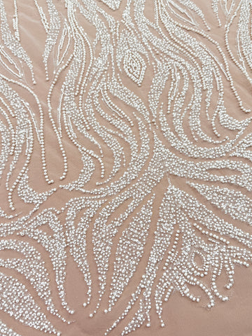 Dantela Ivory cu Model Geometric, cu Perle, Margele si Paiete