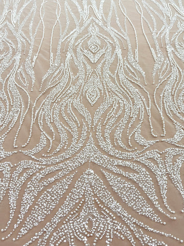 Dantela Ivory cu Model Geometric, cu Perle, Margele si Paiete