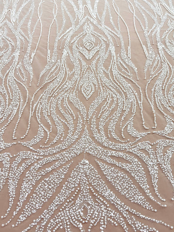 Dantela Ivory cu Model Geometric, cu Perle, Margele si Paiete