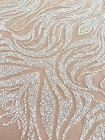 Dantela Ivory cu Model Geometric, cu Perle, Margele si Paiete