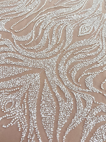 Dantela Ivory cu Model Geometric, cu Perle, Margele si Paiete