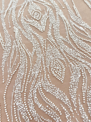 Dantela Ivory cu Model Geometric, cu Perle, Margele si Paiete