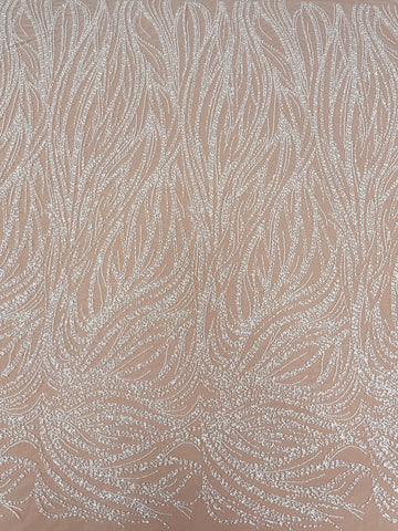 Dantela Ivory cu Model Geometric, cu Perle, Margele si Paiete