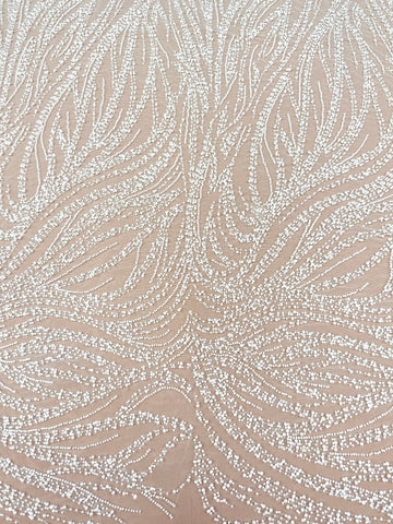 Dantela Ivory cu Model Geometric, cu Perle, Margele si Paiete