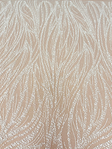 Dantela Ivory cu Model Geometric, cu Perle, Margele si Paiete