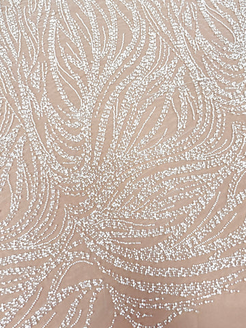 Dantela Ivory cu Model Geometric, cu Perle, Margele si Paiete