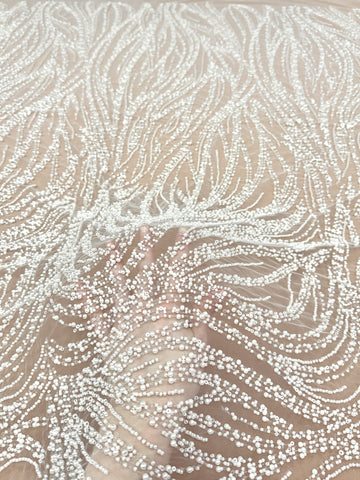 Dantela Ivory cu Model Geometric, cu Perle, Margele si Paiete