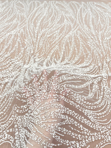 Dantela Ivory cu Model Geometric, cu Perle, Margele si Paiete