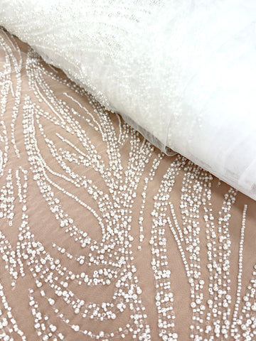 Dantela Ivory cu Model Geometric, cu Perle, Margele si Paiete