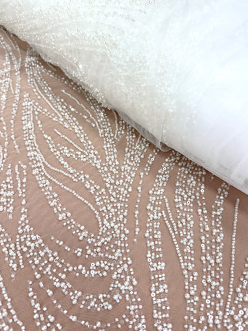 Dantela Ivory cu Model Geometric, cu Perle, Margele si Paiete