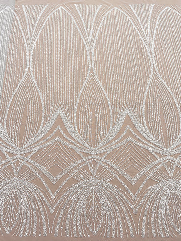 Dantela Ivory cu Model Geometric, cu Perle, Margele si Paiete