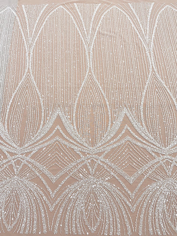 Dantela Ivory cu Model Geometric, cu Perle, Margele si Paiete