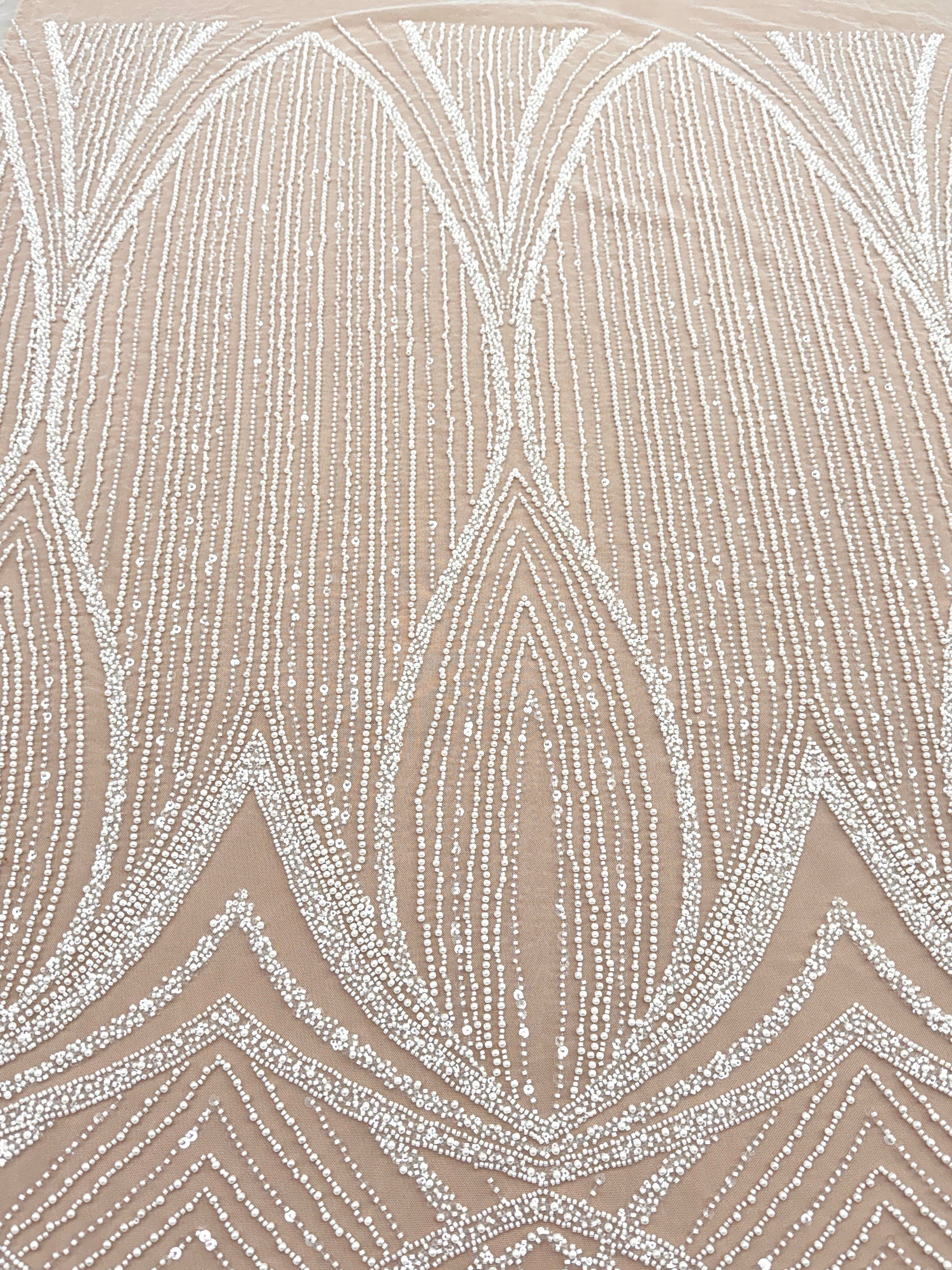 Dantela Ivory cu Model Geometric, cu Perle, Margele si Paiete