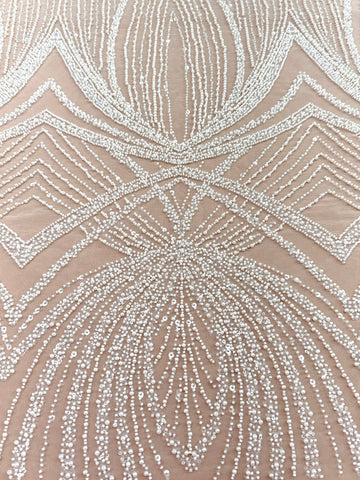 Dantela Ivory cu Model Geometric, cu Perle, Margele si Paiete