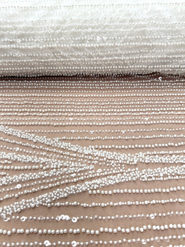 Dantela Ivory cu Model Geometric, cu Perle, Margele si Paiete