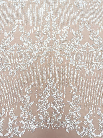 Dantela Ivory cu Model Geometric, cu Perle, Margele si Paiete