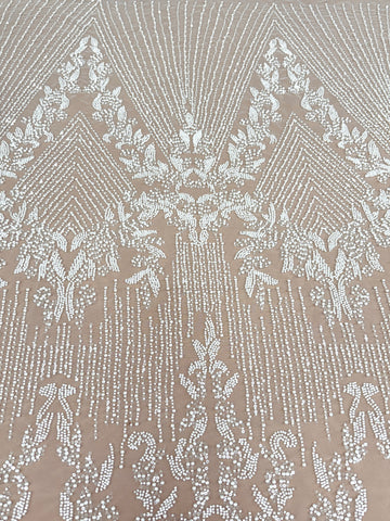 Dantela Ivory cu Model Geometric, cu Perle, Margele si Paiete