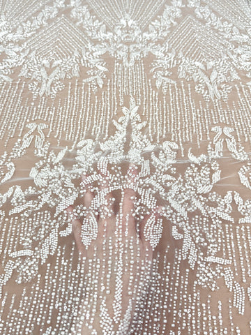 Dantela Ivory cu Model Geometric, cu Perle, Margele si Paiete