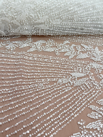 Dantela Ivory cu Model Geometric, cu Perle, Margele si Paiete