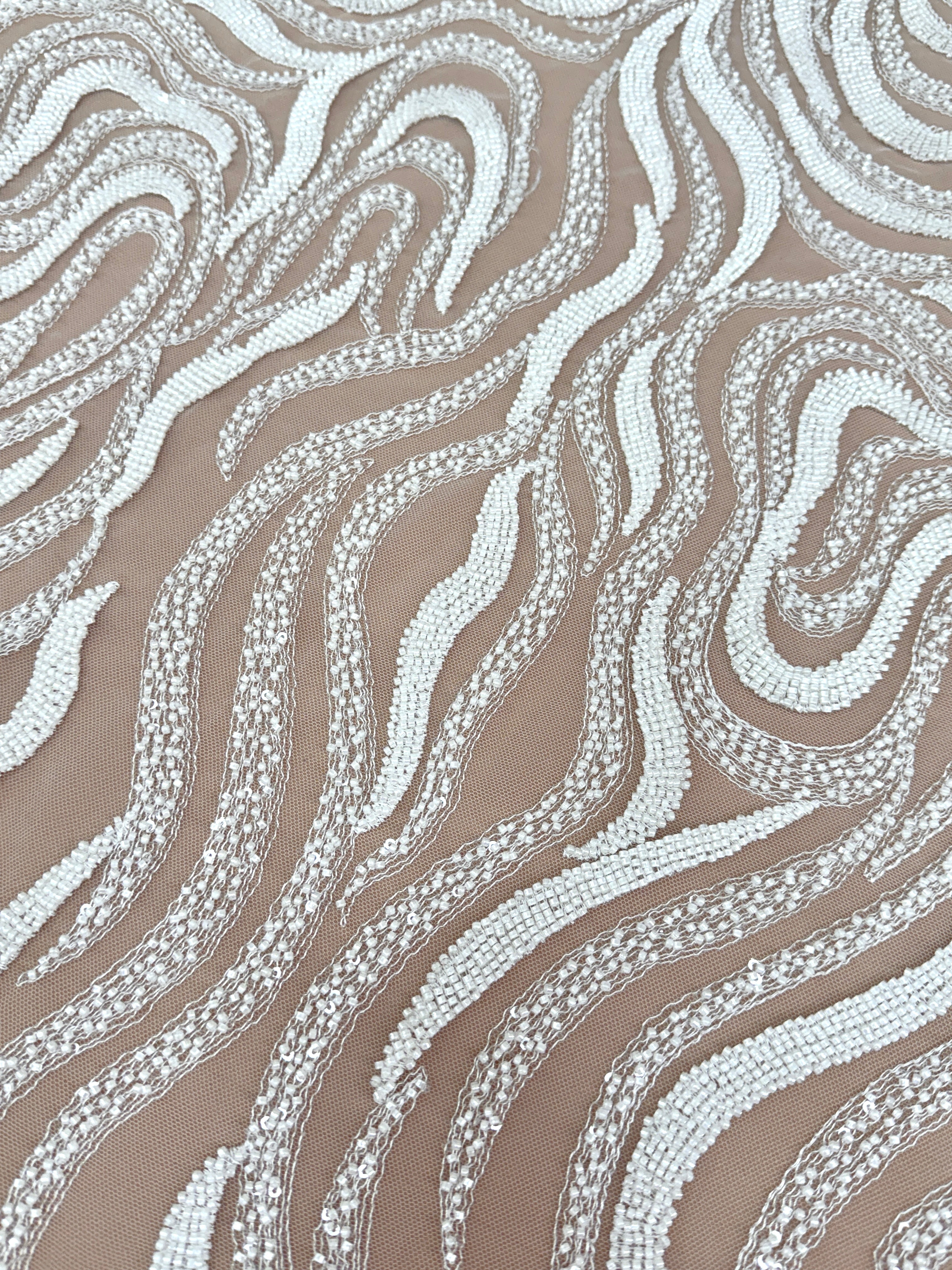 Dantela Ivory cu Model Geometric, cu Margele si Paiete