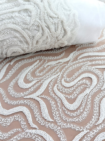 Dantela Ivory cu Model Geometric, cu Margele si Paiete