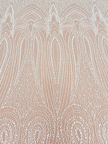 Dantela Ivory cu Model Geometric, cu Perle, Margele si Paiete