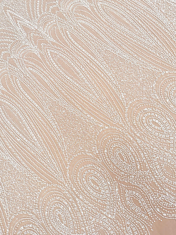 Dantela Ivory cu Model Geometric, cu Perle, Margele si Paiete