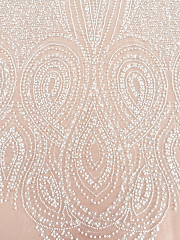 Dantela Ivory cu Model Geometric, cu Perle, Margele si Paiete