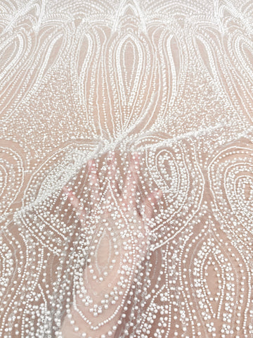 Dantela Ivory cu Model Geometric, cu Perle, Margele si Paiete