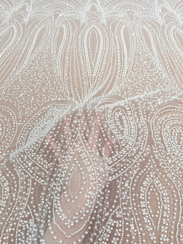Dantela Ivory cu Model Geometric, cu Perle, Margele si Paiete