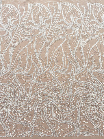 Dantela Couture Ivory cu Model Floral, Perle, Margele si Paiete