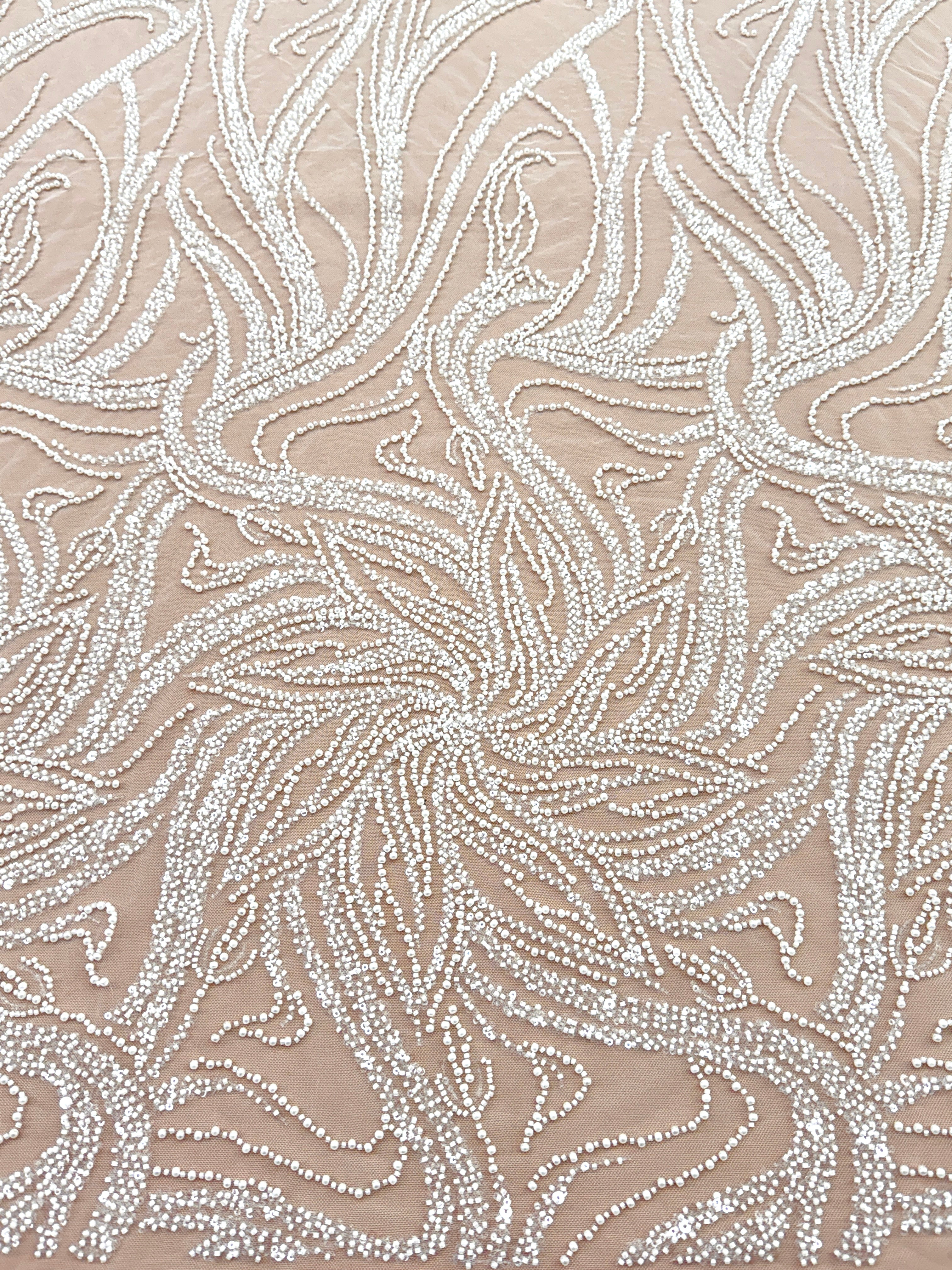 Dantela Couture Ivory cu Model Floral, Perle, Margele si Paiete