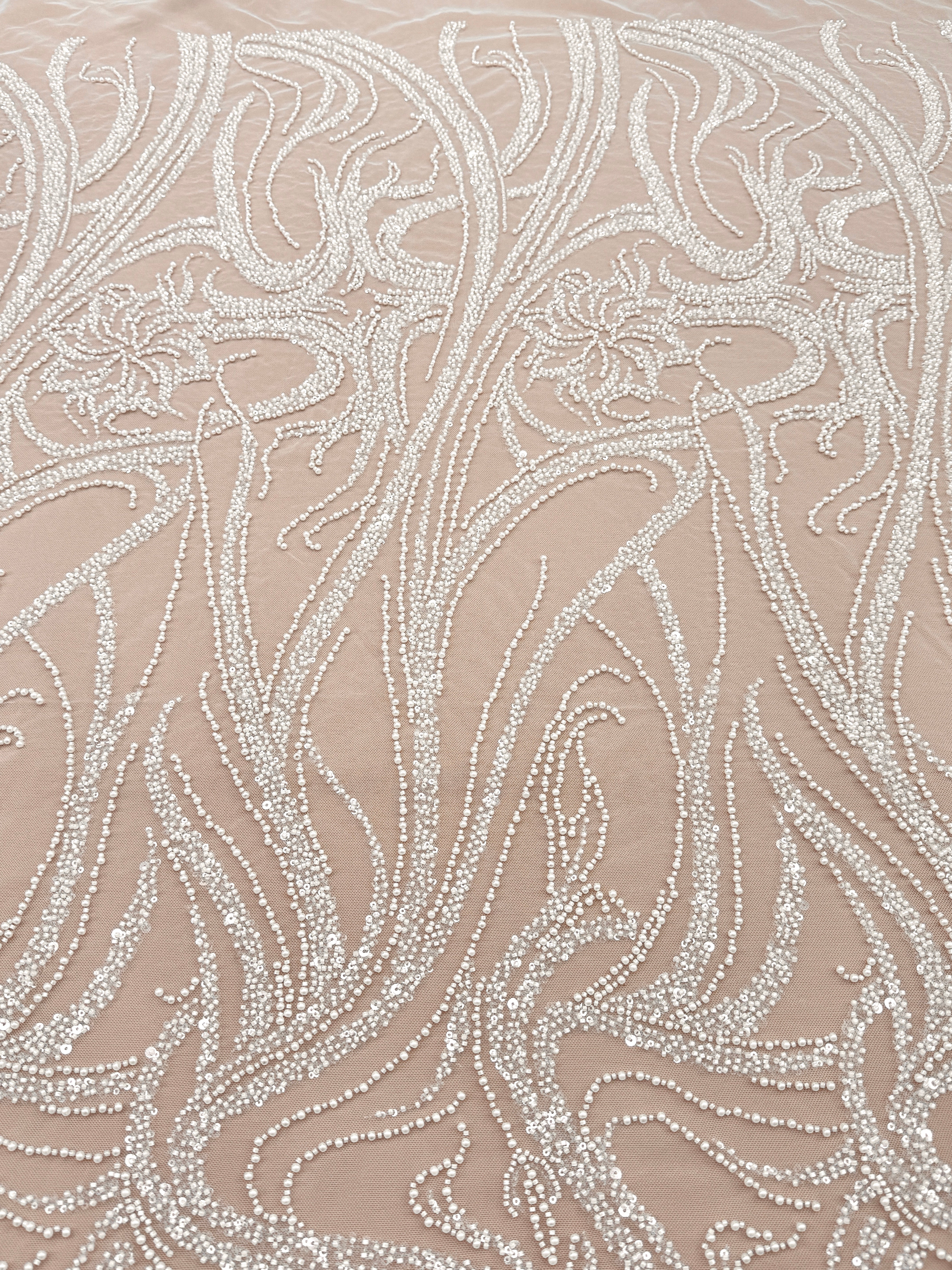 Dantela Couture Ivory cu Model Floral, Perle, Margele si Paiete