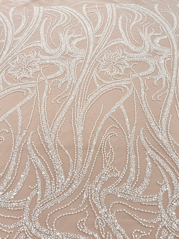 Dantela Couture Ivory cu Model Floral, Perle, Margele si Paiete