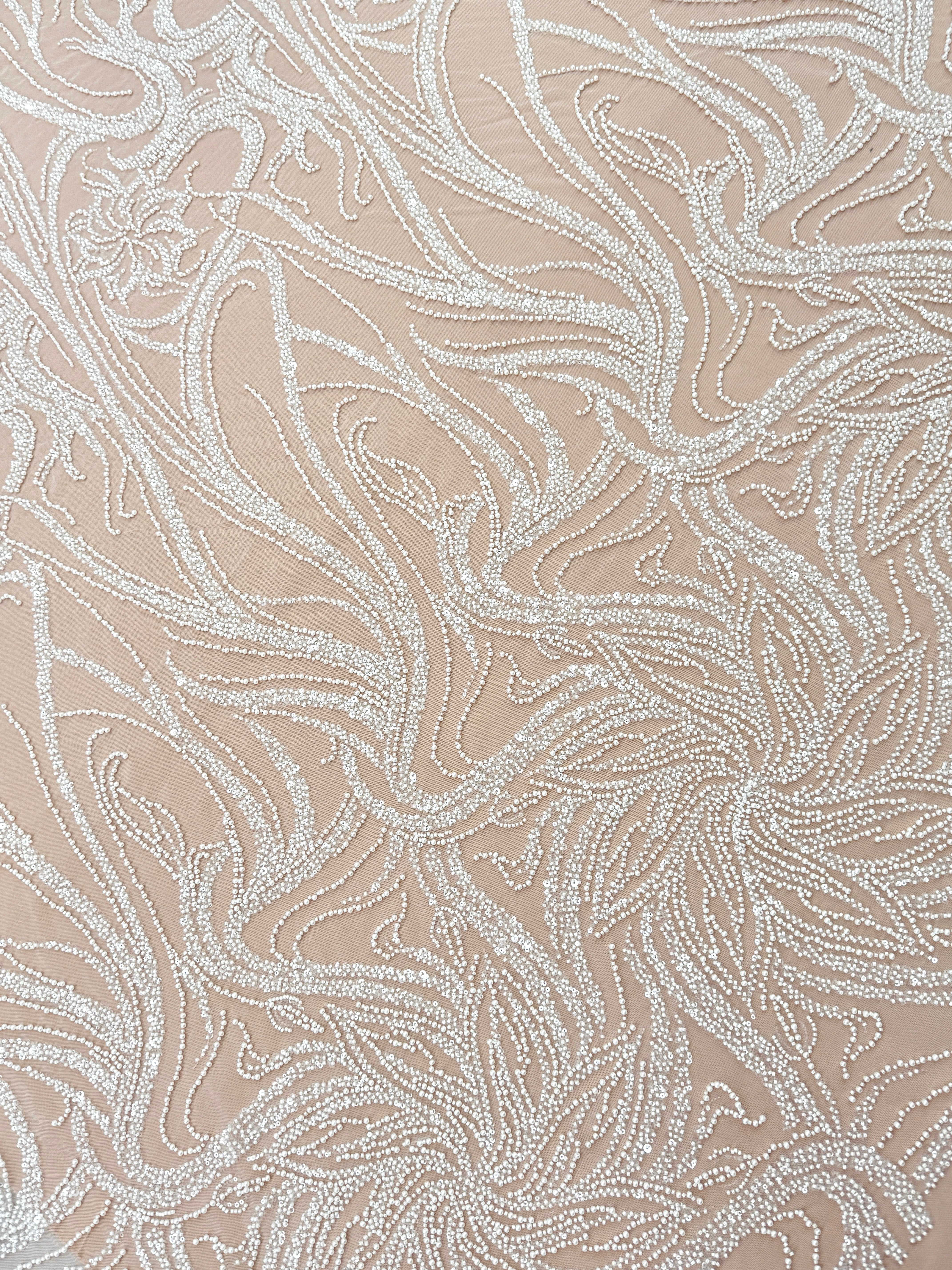 Dantela Couture Ivory cu Model Floral, Perle, Margele si Paiete