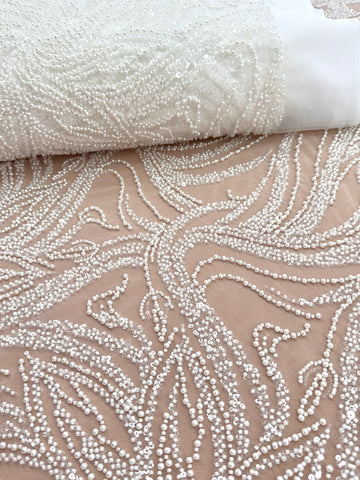 Dantela Couture Ivory cu Model Floral, Perle, Margele si Paiete