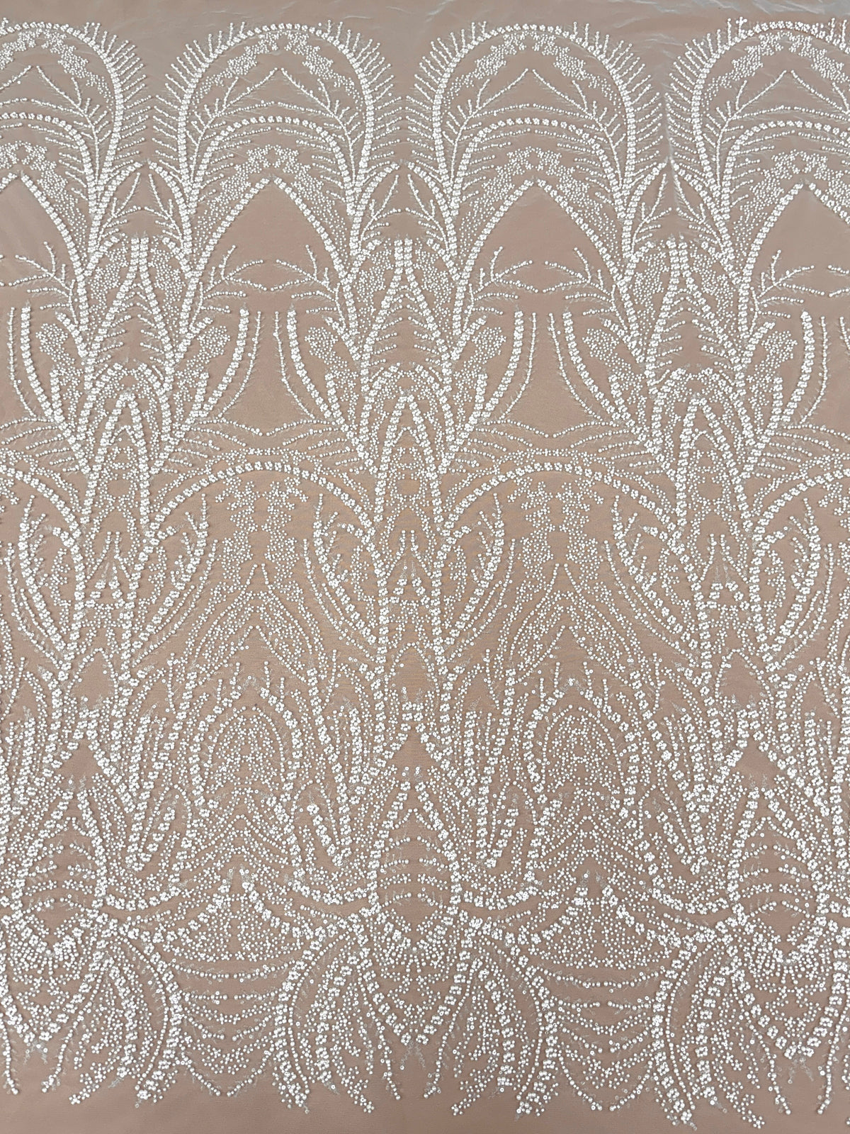 Dantela Ivory cu Model Geometric, cu Perle, Margele si Paiete