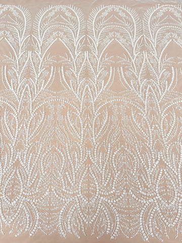 Dantela Ivory cu Model Geometric, cu Perle, Margele si Paiete